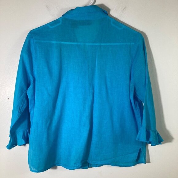 Womens Relativity Button Shirt Sheer Cotton Blue Teal 3/4 Ruffle Sleeve M - Picture 2 of 7